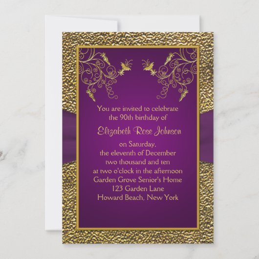 Royal Paars and Gold 90th Birthday Invitation Kaart (Achterkant)