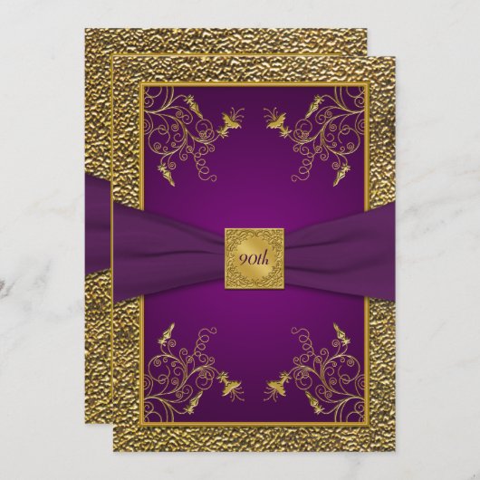 Royal Paars and Gold 90th Birthday Invitation Kaart (Voorkant / Achterkant)
