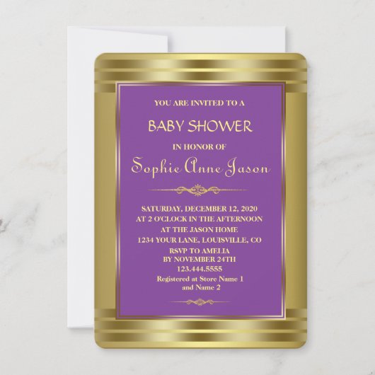 Royal Paars and Gold Baby shower Invite Kaart (Voorkant)