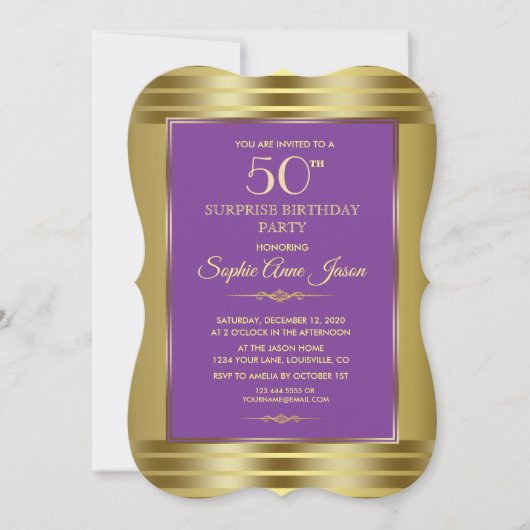 Royal Paars and Gold Birthday Party Invite Kaart (Voorkant)