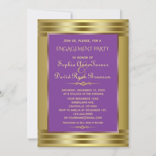 Royal Paars and Gold Engagement Party Kaart (Voorkant)