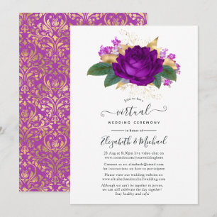 Royal Paars and Gold Floral Virtual Wedding Kaart