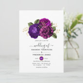 Royal Paars and Gold Floral Wedding Kaart (Staand voorkant)