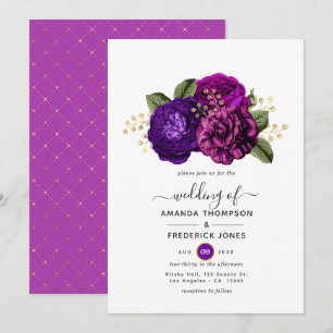 Royal Paars and Gold Floral Wedding Kaart