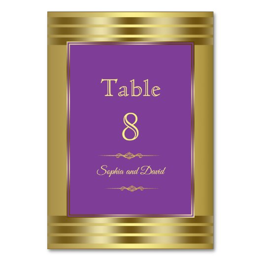 Royal Paars and Gold Wedding Table Number Kaart (Voorkant)