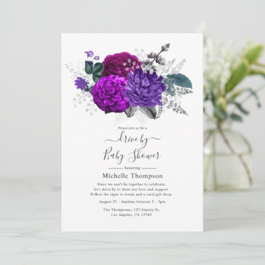 Royal Paars and Silver Floral Drive by Shower Kaart (Staand voorkant)
