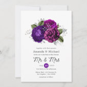 Royal Paars and Silver Floral Wedding Kaart (Voorkant)