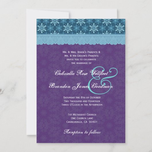 Royal Paars Aqua Blue Lace Wedding V8 Kaart (Voorkant)