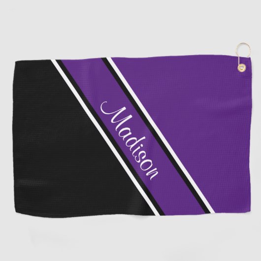 Royal Paars Black Diagonal Stripe Script Name Golfhanddoek (Horizontaal)