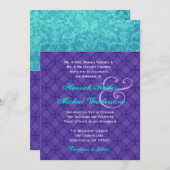 Royal Paars en Aqua Blue Damask Wedding G500 Kaart (Voorkant / Achterkant)