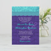 Royal Paars en Aqua Blue Damask Wedding G500A Kaart (Staand voorkant)