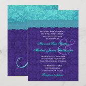 Royal Paars en Aqua Blue Damask Wedding G500A Kaart (Voorkant / Achterkant)