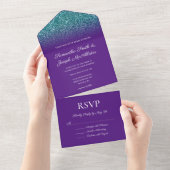 Royal Paars en Blauwgroen Ombre Glitter Wedding All In One Uitnodiging (Afscheurbaar)