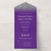 Royal Paars en Silver Ombre Glitter Wedding All In One Uitnodiging (Binnen)