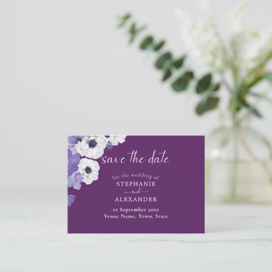 Royal Paars Floral Save the Date Informatiekaartje (Staand voorkant)