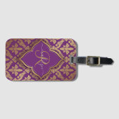 Royal Paars Gold Damask Pattern Fleur Monogram Bagagelabel (Voorkant (horizontaal))