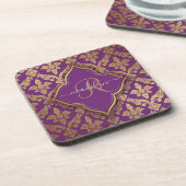 Royal Paars Gold Damask Pattern Fleur Monogram Bier Onderzetter (Linkerzijde)