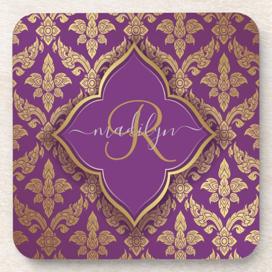 Royal Paars Gold Damask Pattern Fleur Monogram Bier Onderzetter (Voorkant)