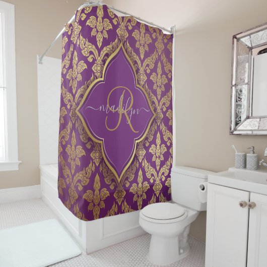 Royal Paars Gold Damask Pattern Fleur Monogram Douchegordijn (In situ)