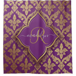 Royal Paars Gold Damask Pattern Fleur Monogram Douchegordijn