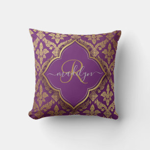 Royal Paars Gold Damask Pattern Fleur Monogram Kussen
