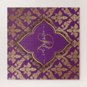 Royal Paars Gold Damask Pattern Fleur Monogram Legpuzzel (Horizontaal)