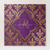 Royal Paars Gold Damask Pattern Fleur Monogram Legpuzzel (Verticaal)