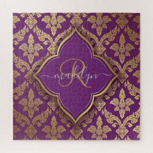 Royal Paars Gold Damask Pattern Fleur Monogram Legpuzzel