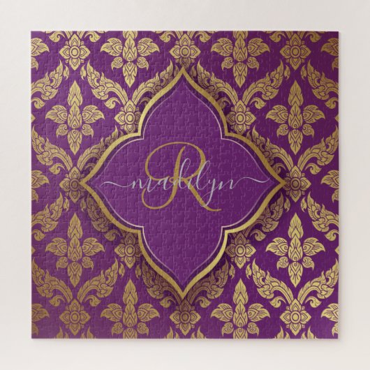 Royal Paars Gold Damask Pattern Fleur Monogram Legpuzzel (Verticaal)