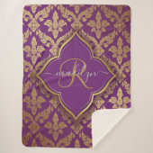 Royal Paars Gold Damask Pattern Fleur Monogram Sherpa Deken (Voorkant)
