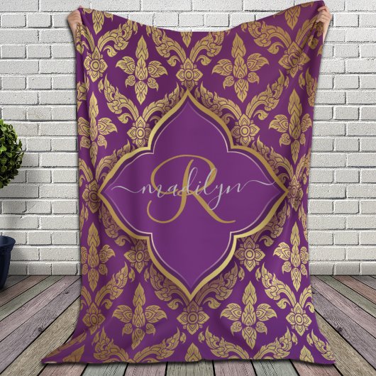 Royal Paars Gold Damask Pattern Fleur Monogram Sherpa Deken