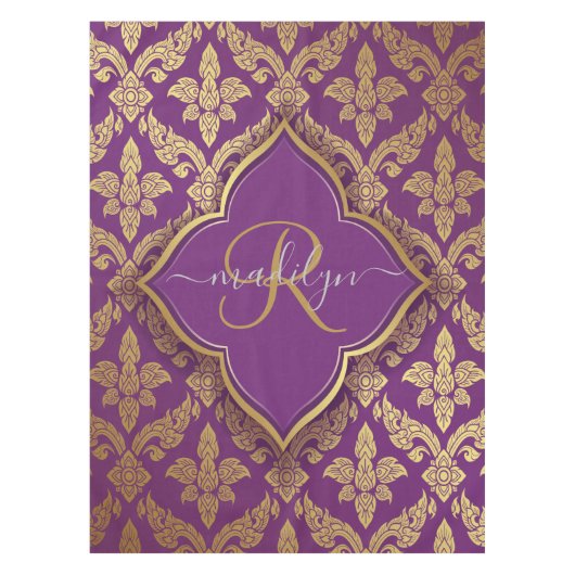 Royal Paars Gold Damask Pattern Fleur Monogram Tafelkleed (Voorkant)