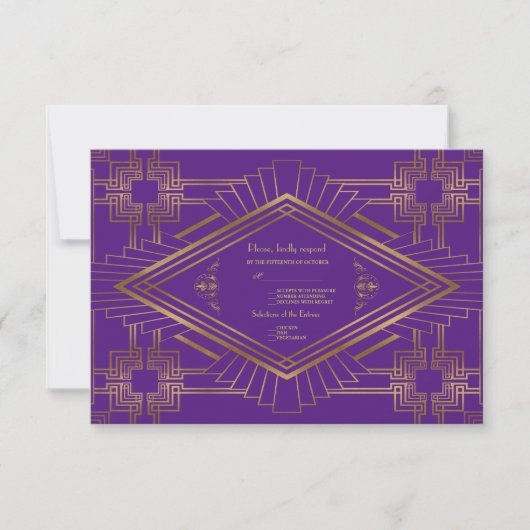 Royal Paars Gold Great Gatsby Wedding RSVP Kaartje (Voorkant)