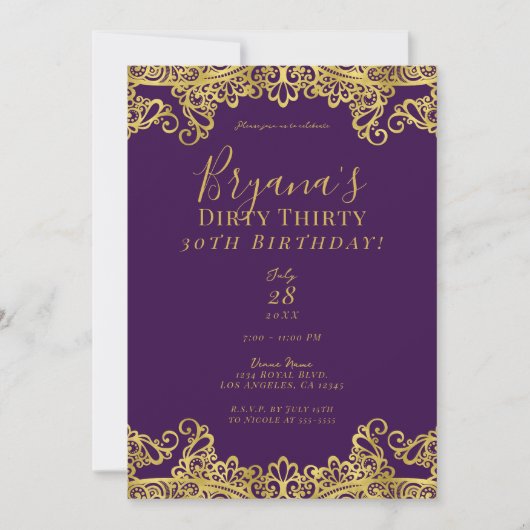 Royal Paars & Gold Lace Dirty 30 30th Birthday Kaart (Voorkant)