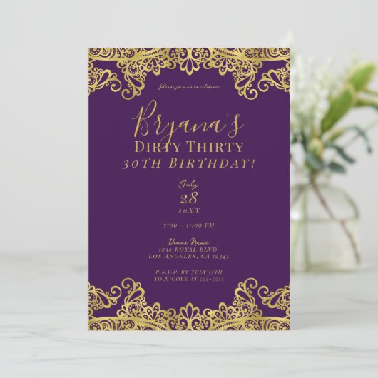 Royal Paars & Gold Lace Dirty 30 30th Birthday Kaart (Staand voorkant)