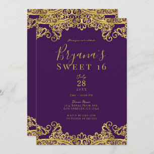 Royal Paars & Gold Lace Elegant Sweet 16 Party Kaart