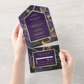 Royal Paars Marble Faux Gold Foil Wedding All In One Uitnodiging (Afscheurbaar)
