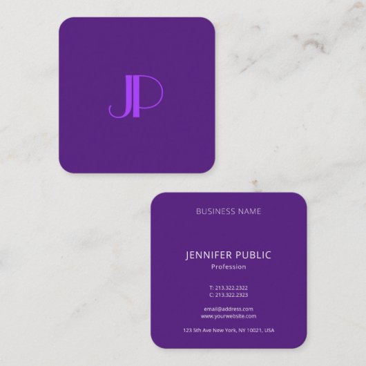 Royal Paars Modern Elegant Monogram Sjabloon Vierkante Visitekaartje (Voorkant / Achterkant)