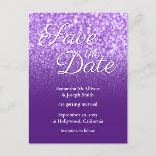Royal Paars Ombre Bokeh Glitter Save the Date Briefkaart