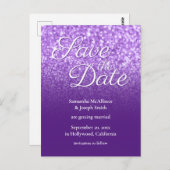 Royal Paars Ombre Bokeh Glitter Save the Date Briefkaart (Voorkant / Achterkant)