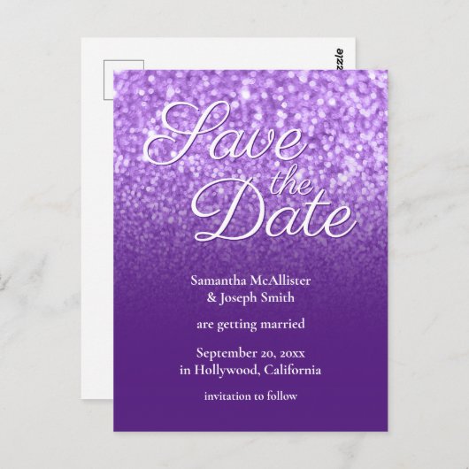 Royal Paars Ombre Bokeh Glitter Save the Date Briefkaart (Voorkant / Achterkant)