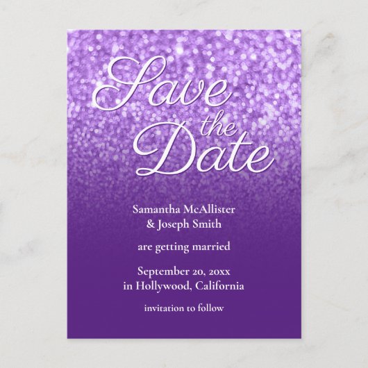Royal Paars Ombre Bokeh Glitter Save the Date Briefkaart (Voorkant)