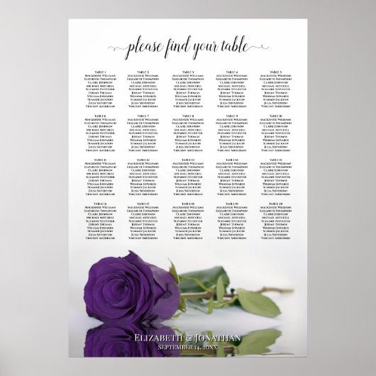 Royal Paars Roos 20 Table Wedding Seating Chart Poster (Voorkant)
