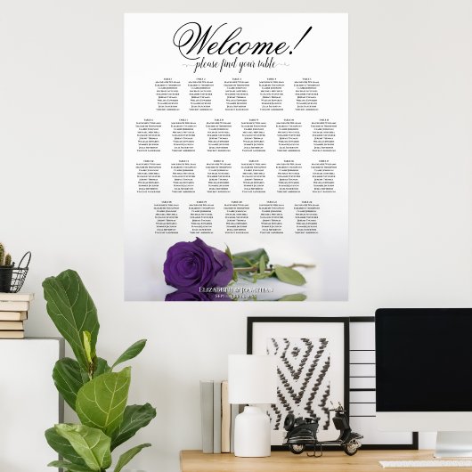 Royal Paars Roos 22 Table Wedding Seating Chart Poster (Thuiskantoor)