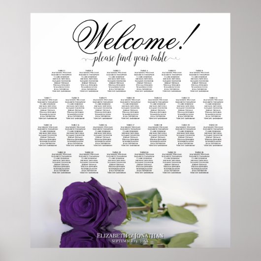 Royal Paars Roos 26 Table Wedding Seating Chart Poster (Voorkant)