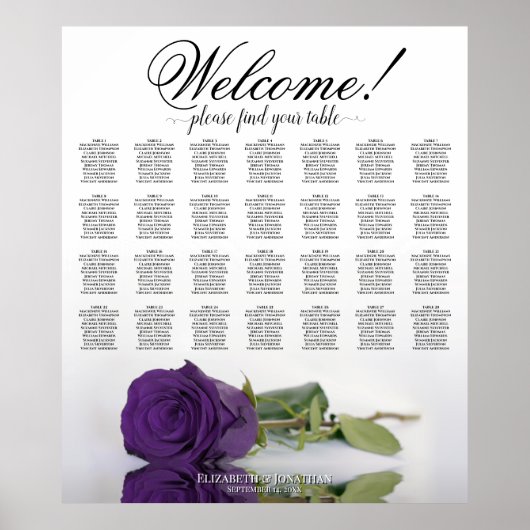 Royal Paars Roos 28 Table Wedding Seating Chart Poster (Voorkant)