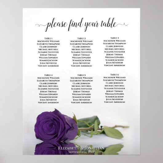 Royal Paars Roos 6 Table Wedding Seating Chart Poster (Voorkant)
