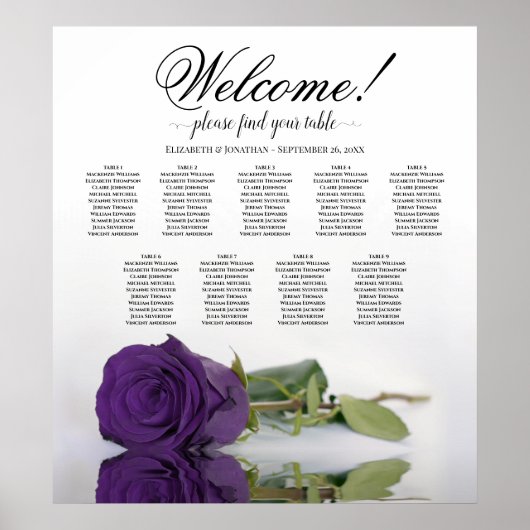 Royal Paars Roos 9 Table Wedding Seating Chart Poster (Voorkant)