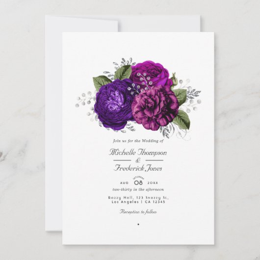 Royal Paars & Silver Floral QR Code RSVP Weddensch Kaart (Voorkant)