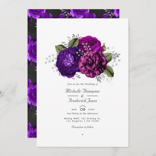 Royal Paars & Silver Floral QR Code RSVP Weddensch Kaart (Voorkant / Achterkant)